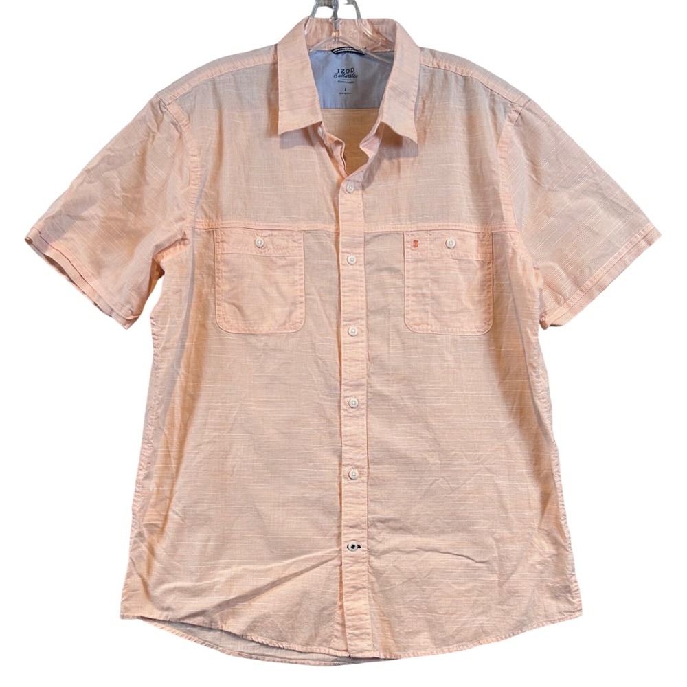 IZOD Saltwater Mens Large Peach Striped Short Sleeve Button Down Shirt Resorware